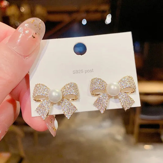 Zircon Pearl Bow Style korean stud