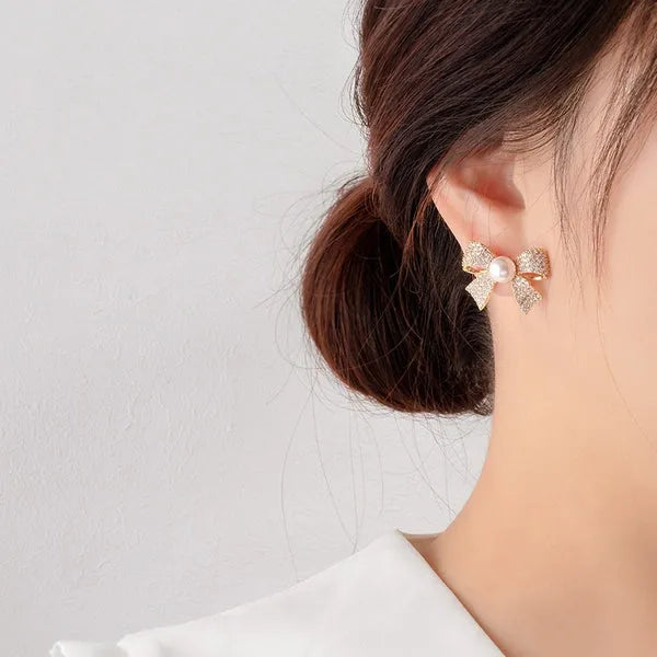 Zircon Pearl Bow Style korean stud