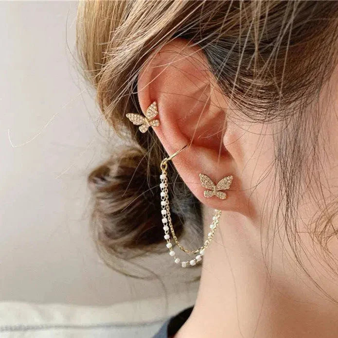 Single Ear Butterfly Metal Chain Tassel Stud Earrings