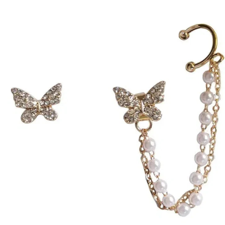 Single Ear Butterfly Metal Chain Tassel Stud Earrings