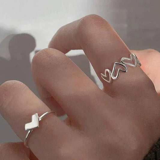 2 Pcs Alloy Silver Plated Trendy Heart Design Ring Set