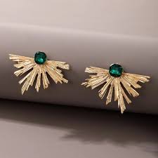 Half Leaf Design Gold Plated Green Stone Studs