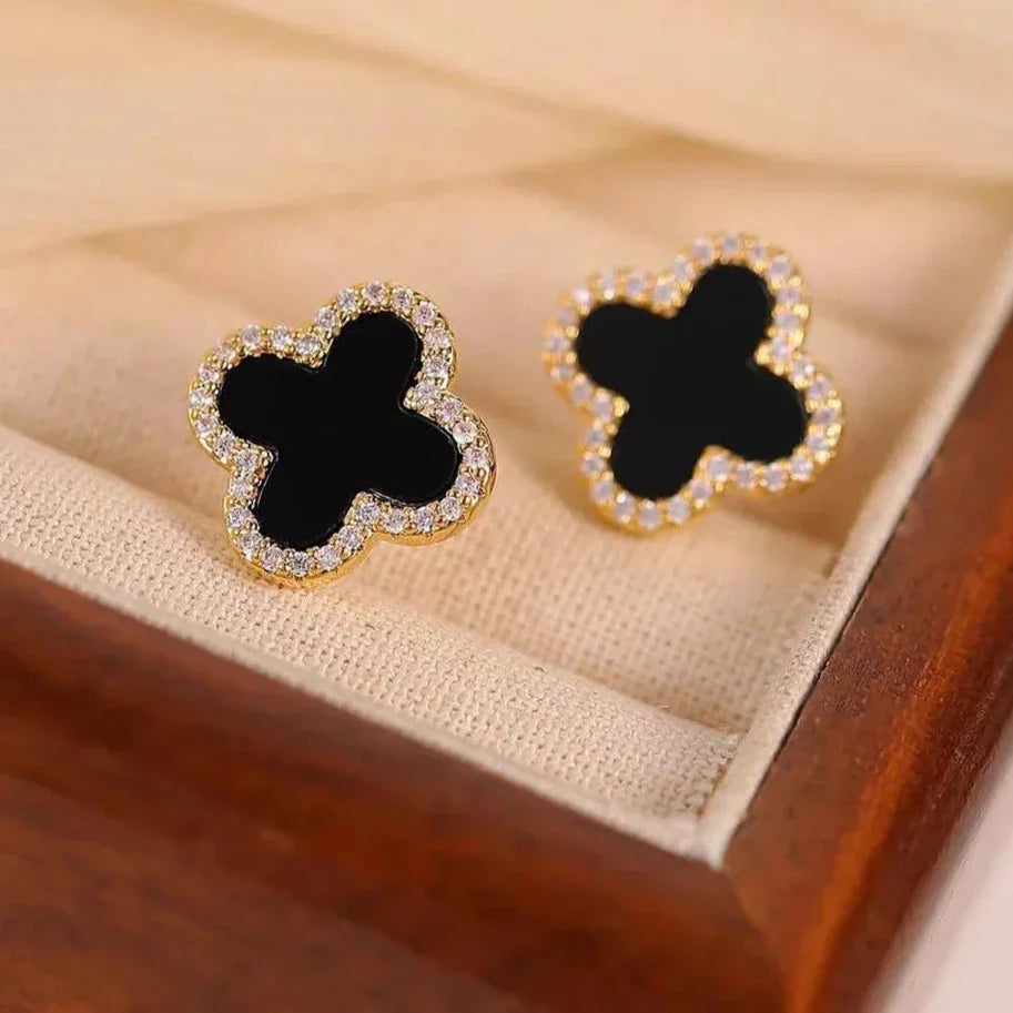 Charming Clover Design Zircon Studs for Women - Black & White Colors