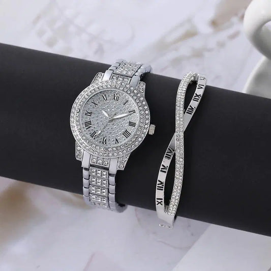 Women's Diamond Artificial Set - Roman Watch - Silver